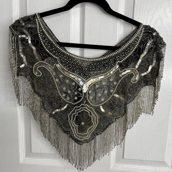 Vintage BEADED FRINGED SHAWL, Capelet with Scoop Neck, V Back, Costume Wedding - Picture 1 of 6